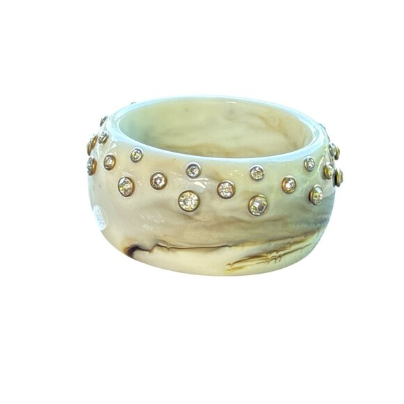 Vintage Lucite Wide Bangle Bracelet Brown Swirl Rhinestones Studded Retro Style - Picture 2 of 9